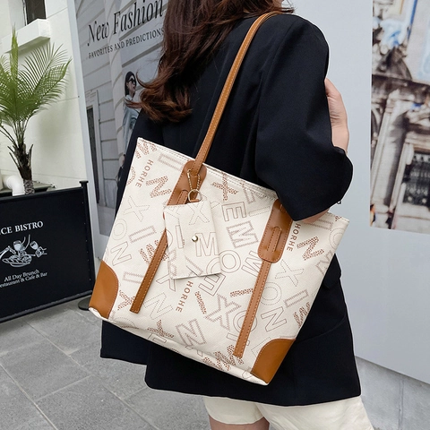 Large Capacity Fashion Retro Letter Monogram 3-Piece Tote Shoulder Bag For Women Summer Daily Travel PU Leather Handbag