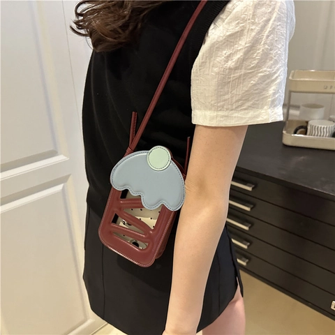 Simpatica Borsa a Tracolla per Cellulare a Forma di Gelato in Pelle PU Design Traforato Mini Borsa a Spalla da Donna