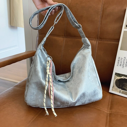 Borsa Tote in Nylon ad Alta Capacità da Donna Tinta Unita Casual Borsa a Tracolla Con Pendente Trendy Urban Hobo Borsetta