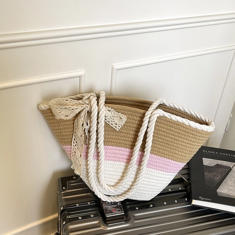 Grand Sac Tote en Paille Tissé pour Femme Rayures Color-block Sac à Épaule avec Nœud en Dentelle pour Plage et Vacances