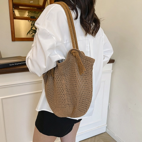 Bolso de Hombro de Gran Capacidad de Hilo de Algodón Tejido a Ganchillo para Mujer Tote Calado con Borlas para Playa Vacaciones