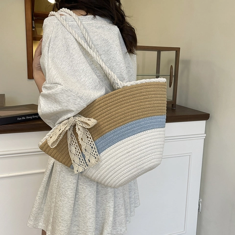 Grand Sac Tote en Paille Tissé pour Femme Rayures Color-block Sac à Épaule avec Nœud en Dentelle pour Plage et Vacances