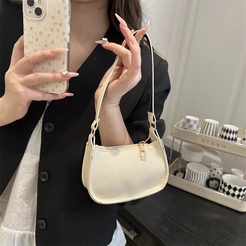 Women Lychee Pattern PU Leather Underarm Bag Fashion Solid Color Shoulder Bag Small Square Bag With Metal Zipper Daily Use
