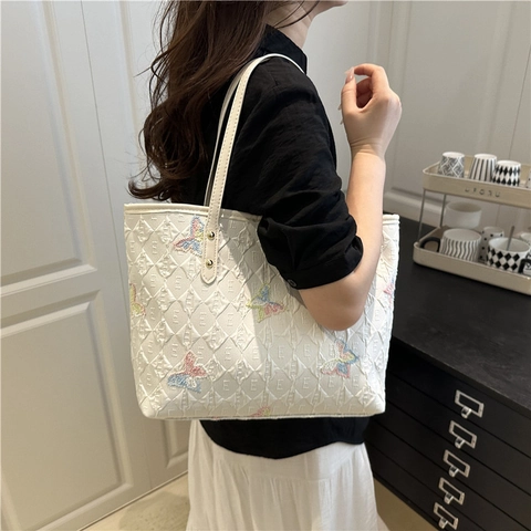 Borsa Tote in Nylon Ricamata con Farfalle da Donna Grande Capacità Borsa a Spalla Casual Quotidiana Moda Borsa a Mano con Ricamo