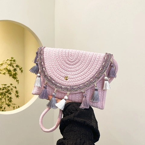 Bohemian Ethnic Straw Shoulder Bag For Women Handwoven Crossbody Bag With Colorful Tassels Vacation Beach Fashion Handbag