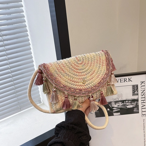 Böhmische Gewebte Satteltasche Mit Quasten Ethno-Stickerei Umhängetasche Damen Sommer Strand Urlaub Kleine Schultertasche