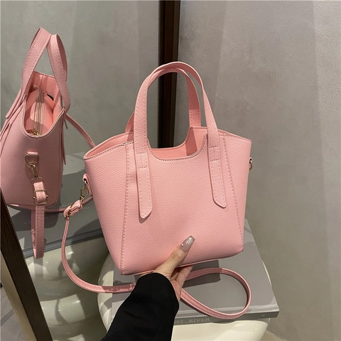 Bolso Tipo Cubo de Cuero PU para Mujer Gran Capacidad Color Sólido Costuras Bolso de Hombro Cruzado Moda Casual de Mano para Mujer