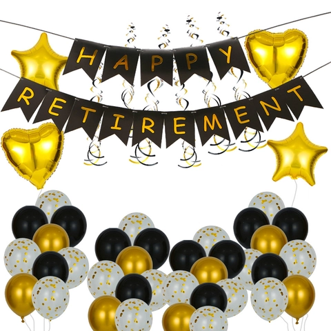 Set di Decorazioni per la Festa di Pensionamento Nero Oro Con Striscione Palloncini Fascia in Raso Diadema di Strass