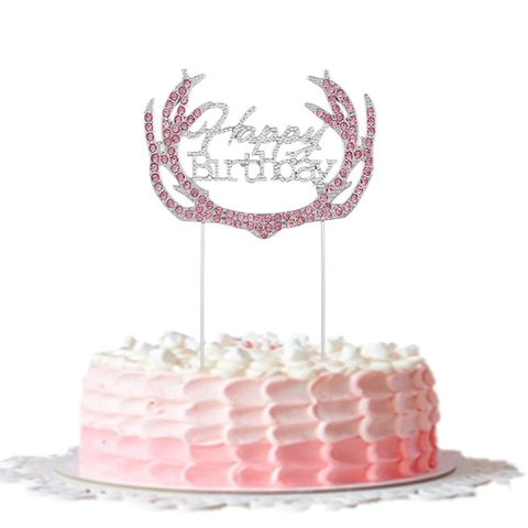 Metal Happy Birthday Cake Topper With Pink Rhinestone Antler Design Decorative Silver Tone Cake Insert For Birthday Party