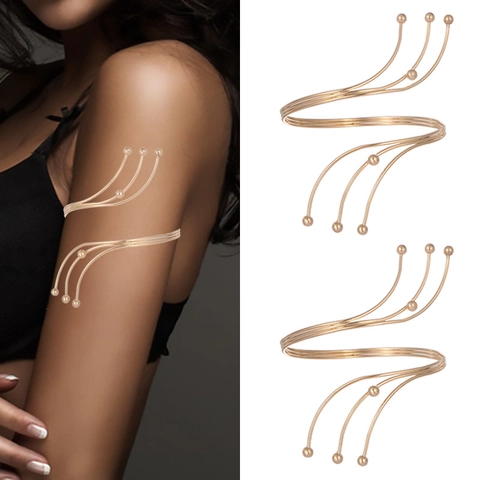 Fashion Metal Multi-layer Spiral Arm Cuff For Women Men Open Adjustable Upper Arm Bracelet Geometric Ball Decor Jewelry