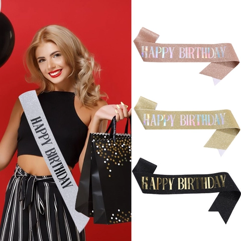 Υφασμάτινη Κορδέλα Happy Birthday με Χρυσόσκονη Ροζ Χρυσό Ασημί Γράμματα Λουράκι Ώμου για Διακόσμηση Γενεθλίων