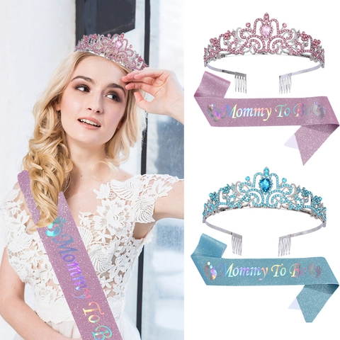 Mommy To Be Tiara Crown And Sash Set Glitter Fabric Rhinestone Headband For Baby Shower Party Pregnancy Gifts Women Jewelry
