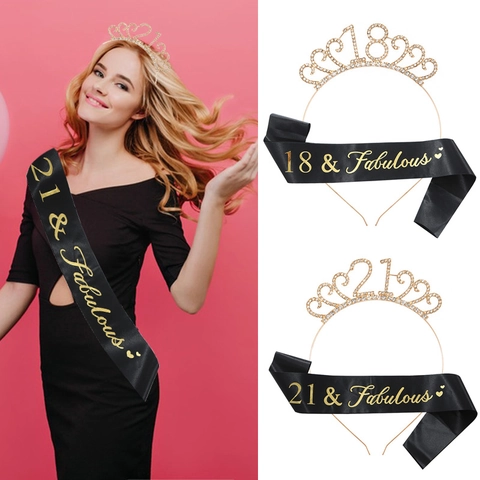 Elegante Set Corona di Compleanno in Lega di Strass e Fascia di Raso Oro Nero Fabulous Copricapo per Festa di Compleanno Donna Gioielli Celebrazione