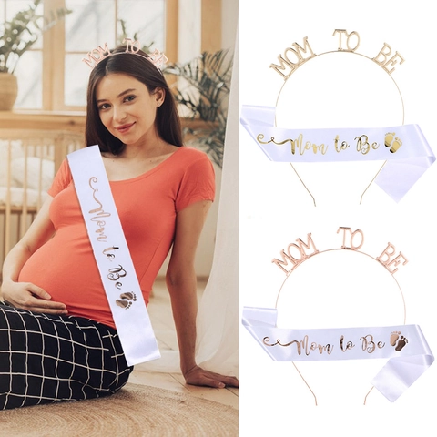 Ensemble Serre-tête Mom To Be et Écharpe en Satin pour Baby Shower Fête de Grossesse Or Or Rose Strass Coiffe Femme