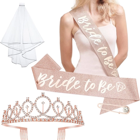 Kit Décoration Enterrement Vie Jeune Fille Rose Gold Bride To Be Avec Couronne Strass Écharpe Voile Et Badge Mariage