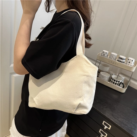 Women Urban Simple Canvas Tote Bag Large Capacity Solid Color Shoulder Bag Versatile Casual Commuter Handbag Daily Fabric Bag