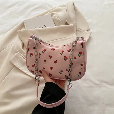 Women Cherry Print PU Leather Chain Shoulder Bag Sweet Fashion Crossbody Underarm Bag Simple Style Travel Purse Handbag