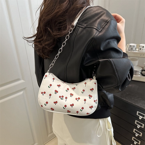 Women Cherry Print PU Leather Chain Shoulder Bag Sweet Fashion Crossbody Underarm Bag Simple Style Travel Purse Handbag