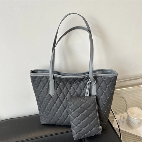 Sac Cabas Matelassé Motif Losange pour Femmes Ensemble Avec Mini Pochette Nylon Léger Grande Capacité Mode Sac à Épaule
