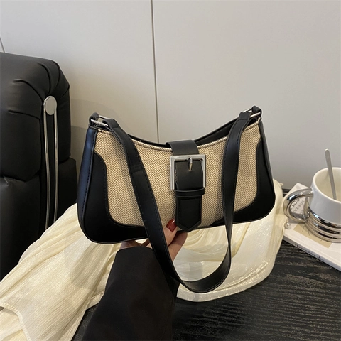 Bolso de Axila de Reto Francés de Lino y PU Empalme para Mujer Gran Capacidad Simple Moda Bolso de Hombro Hebilla de Metal Bolso Baguette