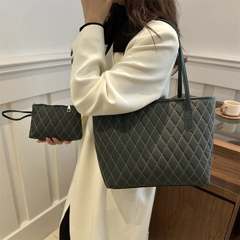 Sac Cabas Matelassé Motif Losange pour Femmes Ensemble Avec Mini Pochette Nylon Léger Grande Capacité Mode Sac à Épaule