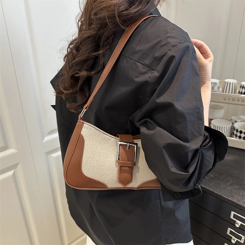 Bolso de Axila de Reto Francés de Lino y PU Empalme para Mujer Gran Capacidad Simple Moda Bolso de Hombro Hebilla de Metal Bolso Baguette