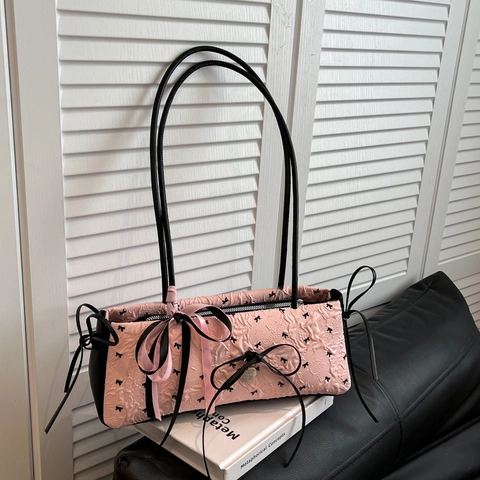 Damen Schleife Plissiert Seersucker Unterarmtasche Fashion PU Leder Schulter Baguette Bag Sommer Pendeln Handtasche
