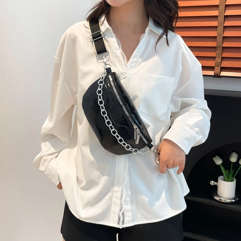 Bolso de Pecho de Cuero PU para Mujer con Cadena Riñonera Brillante Bolso Bandolera de Moda Color Sólido Uso Diario