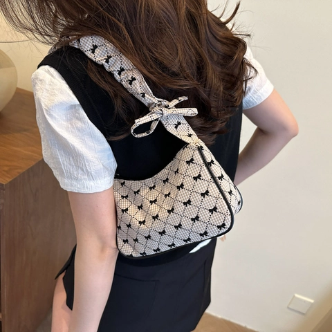 Borsa Sottobraccio in Nylon Gingham Donna Fiocco Stampa Tracolla Increspata Borsa a Mano Grande Capacità Casual Quotidiana Hobo