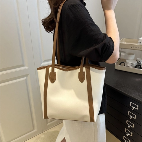 Dames Grote Capaciteit PU Leer Tote Bag Minimalistisch Contrast Kleur Stiksel Schoudertas Dagelijks Woon-werkverkeer Handtas