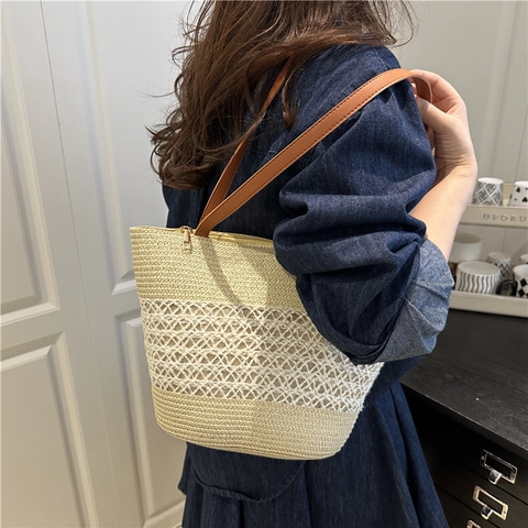 Dames Stro Tote Tas Handgeweven Strandvakantie Schoudertas Grote Capaciteit Zomer Reizen Casual Etnische Strepen Handtas