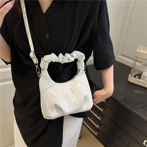Bolso Hobo para Mujer de Cuero PU Brillante Asa Plisada Color Sólido Gran Capacidad Bolso de Hombro Moda Diario Chic