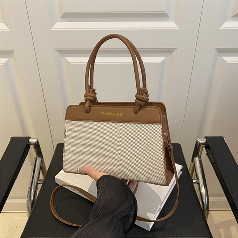 Dames Mode Canvas PU Leer Splicing Tote Bag Grote Capaciteit Kleurblok Schoudertas Crossbody Tas Met Geknoopte Handgreep