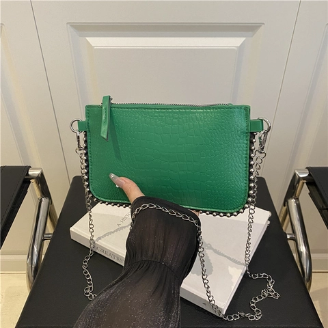 Dames PU Leer Krokodillenpatroon Schoudertas Mode Ketting Onderarmtas Zilveren Klinknagels Crossbody Tas Voor Dames
