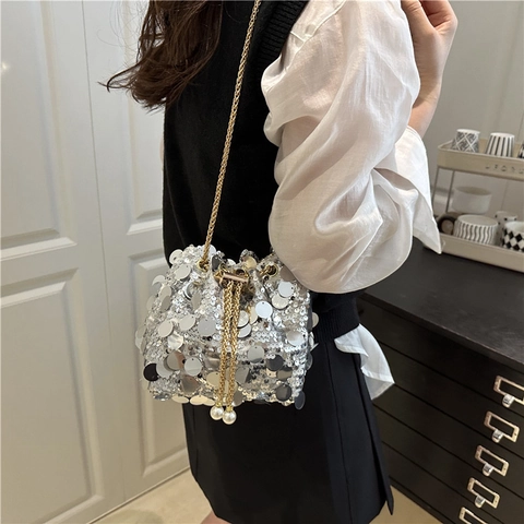 Fashion Sequin Bucket Bag Large Drawstring Shoulder Bag Chain Strap Artificial Pearl Decor Evening Party Women Handbag