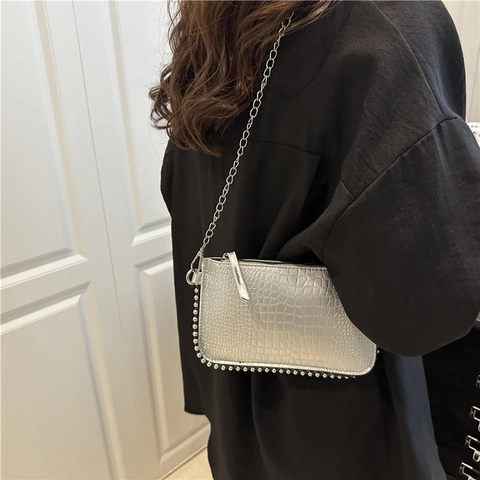 Dames PU Leer Krokodillenpatroon Schoudertas Mode Ketting Onderarmtas Zilveren Klinknagels Crossbody Tas Voor Dames