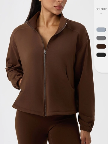 Damen Locker Stehkragen Full Zip Fleece Yoga Jacke Polyester Elasthan Thermisch Warm Langarm Outdoor Fitness Sportbekleidung Active Top