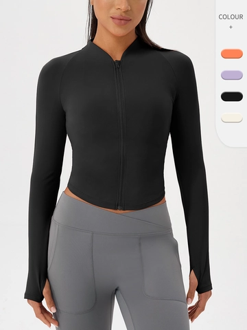 Veste de Yoga Slim Fit pour Femmes Col Montant Manches Longues Fermeture Éclair Top d'Entraînement Avec Passe-Pouces Veste de Sport