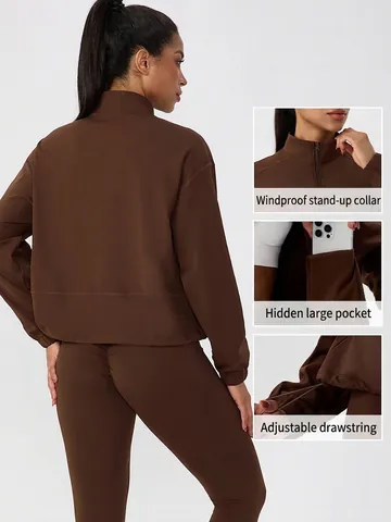 Damen Locker Stehkragen Full Zip Fleece Yoga Jacke Polyester Elasthan Thermisch Warm Langarm Outdoor Fitness Sportbekleidung Active Top