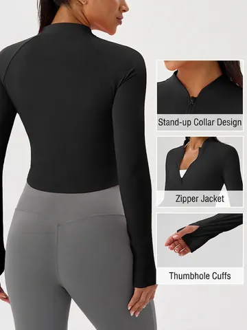 Veste de Yoga Slim Fit pour Femmes Col Montant Manches Longues Fermeture Éclair Top d'Entraînement Avec Passe-Pouces Veste de Sport