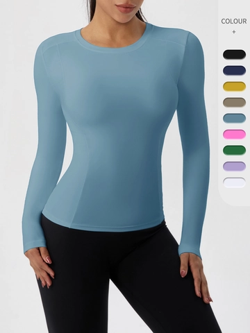 Damen Langarm Yoga Oberteil Slim Fit Sportshirt Schnelltrocknend Hohe Dehnung Fitness Laufen T-Shirt Einfarbig Sportbekleidung