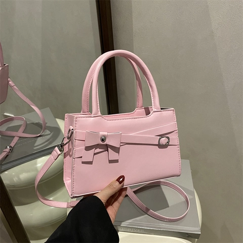 Women Stylish PU Leather Bow Shoulder Bag Casual Small Square Handbag With Detachable Strap Chic Urban Crossbody Bag