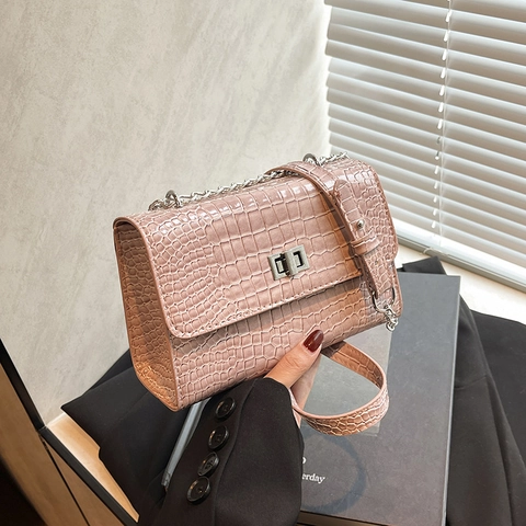 Sac à Épaule en Cuir PU pour Femmes Motif Crocodile Couleur Unie Sac Bandoulière Carré Avec Chaîne Argentée Sac Quotidien