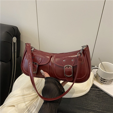 Women Retro PU Leather Shoulder Bag Double Pocket Metal Buckle Fashion Baguette Underarm Bag For Casual Daily Commute