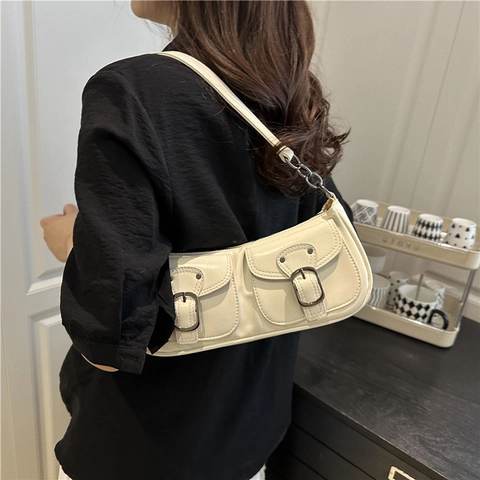 Women Retro PU Leather Shoulder Bag Double Pocket Metal Buckle Fashion Baguette Underarm Bag For Casual Daily Commute