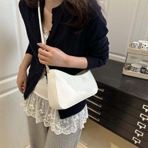 Bolso de Axila de Cuero PU Minimalista para Mujer Vintage Francés Color Sólido Cremallera Bolso de Hombro Casual Moda