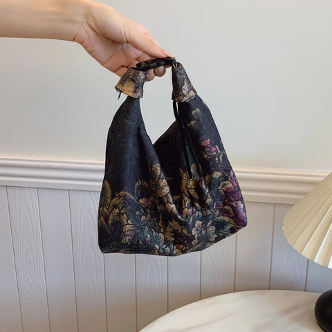 Borsa a Tracolla in PU Retrò Stampata in Stile Cinese per Donna Motivo Floreale Cachi Foglia Borsa Tote Casual Con Chiusura a Cerniera Borsa a Grande Capacità