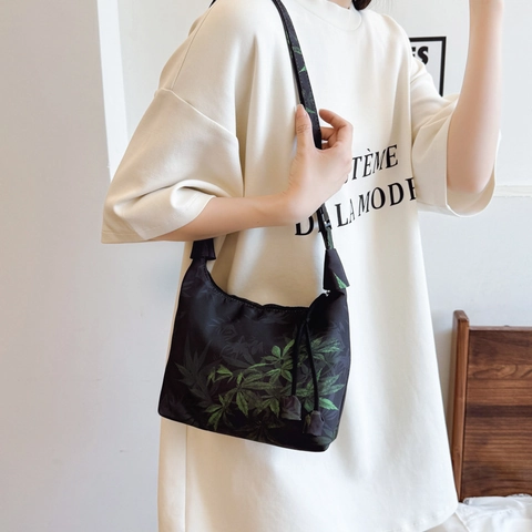 Borsa a Tracolla in PU Retrò Stampata in Stile Cinese per Donna Motivo Floreale Cachi Foglia Borsa Tote Casual Con Chiusura a Cerniera Borsa a Grande Capacità