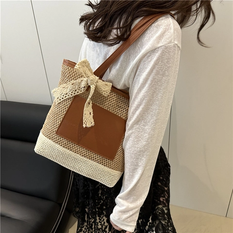 Borsa Tote in Paglia Intrecciata a Mano Bohémien per Donna Con Fiocco in Pizzo e Tracolle in Pelle Borsa a Spalla Per Vacanze