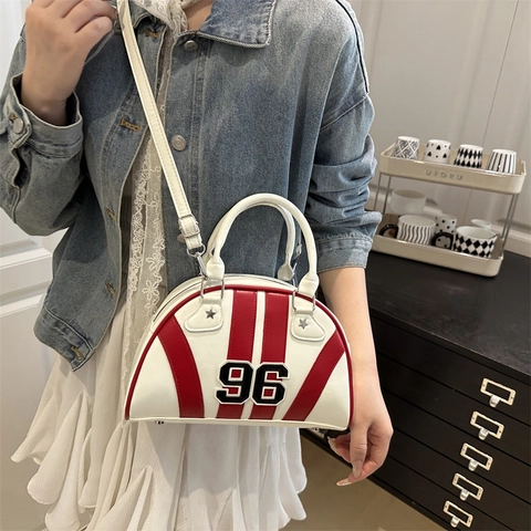 Dames Retro Sport Stijl Bowling Tas PU Leer Numeriek 96 Patch Schoudertas Contrastkleur Handtas Crossbody Tas Voor Dagelijks Gebruik